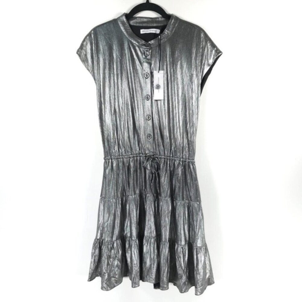 NWT REBECCA MINKOFF OLLIE Gray Silver GUNMETAL Shiny Button Mini Dress MEDIUM - Picture 7 of 16